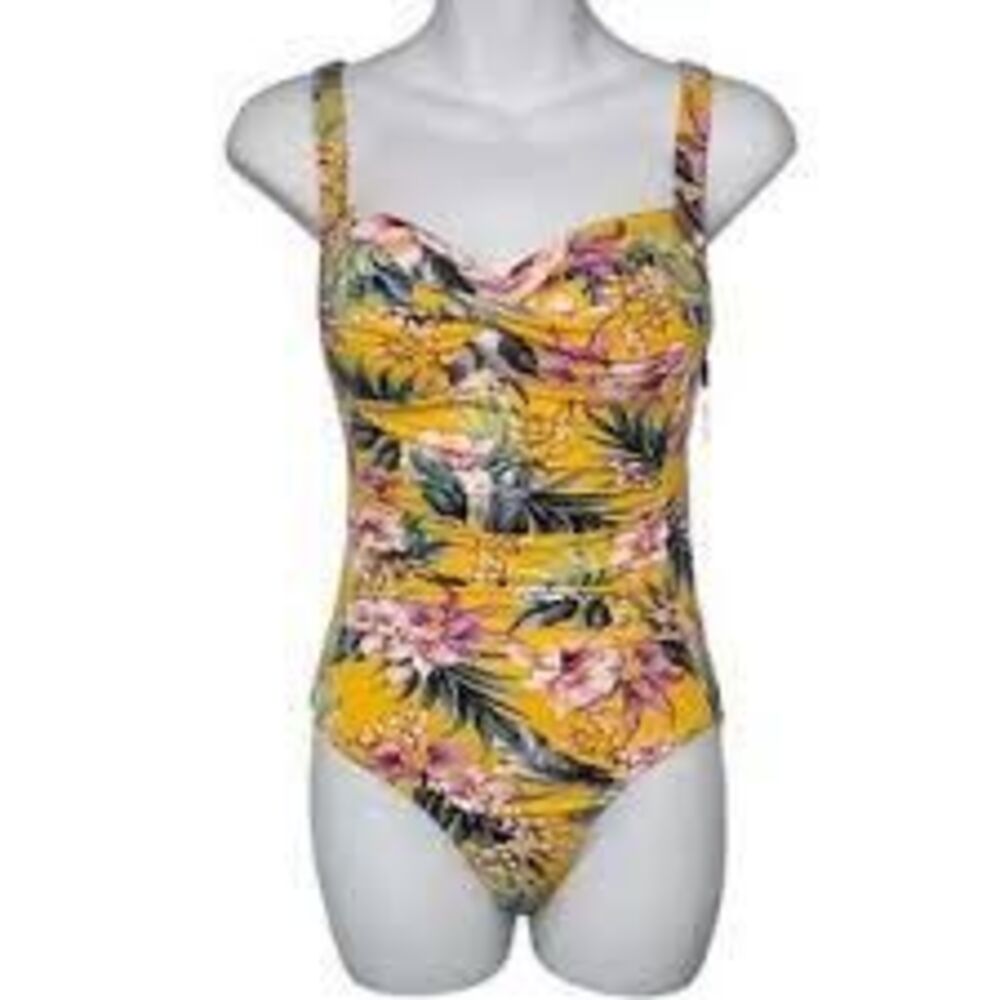 Niptuck Size 10 One Piece Swimsuit Yellow Tropical Print Hibiscus Palm Vacation